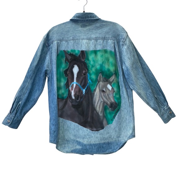 Route 66 Tops - Vintage Route 66 Hand Painted Horse Denim Shirt Women's M Blue Workwear Cotton